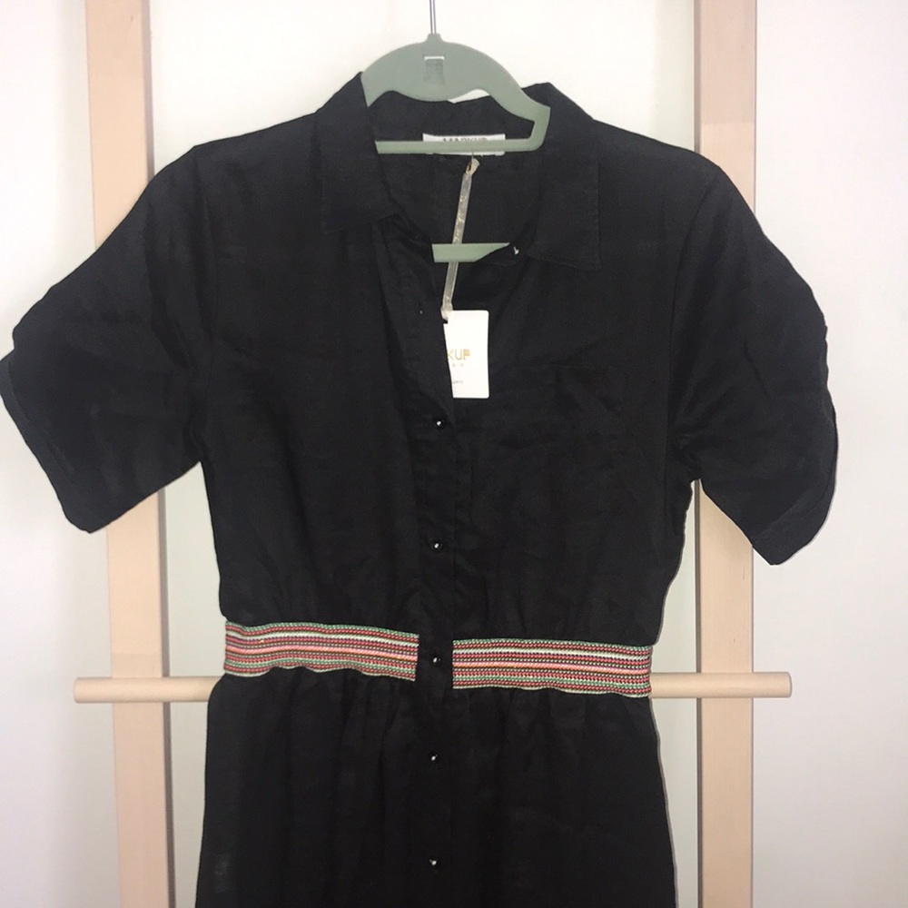 Black linen Italian Button down dress elastic band